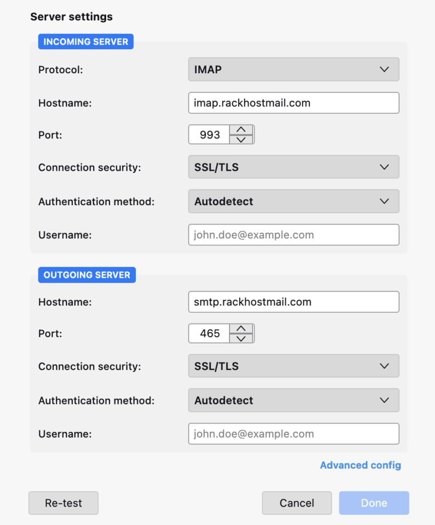 Email settings with advanced configuration in Thunderbird