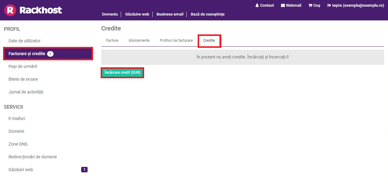 În meniu, la secțiunea "Facturare și credite", veți găsi submeniul Credite. Aici puteți încărca credite făcând clic pe butonul verde marcat "Încărcare credit".