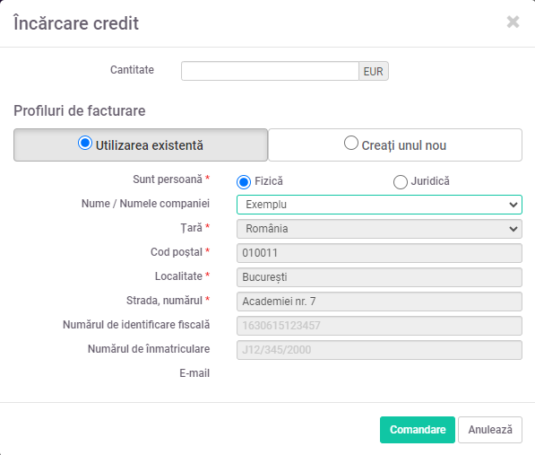 După ce ați apăsat butonul verde, se va deschide o nouă pagină în care trebuie să introduceți cantitatea de credite și profilul de facturare pe care doriți să îl folosiți, apoi faceți clic pe butonul verde "Comandare" pentru a comanda.