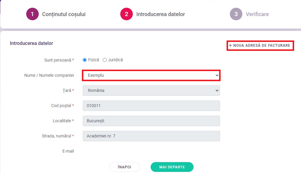 Pagina pe care o vedeți în imagine apare atunci când comandați un nou serviciu. În acest caz, puteți crea un nou profil de facturare făcând clic pe butonul " Noua adresă de facturare" din dreapta