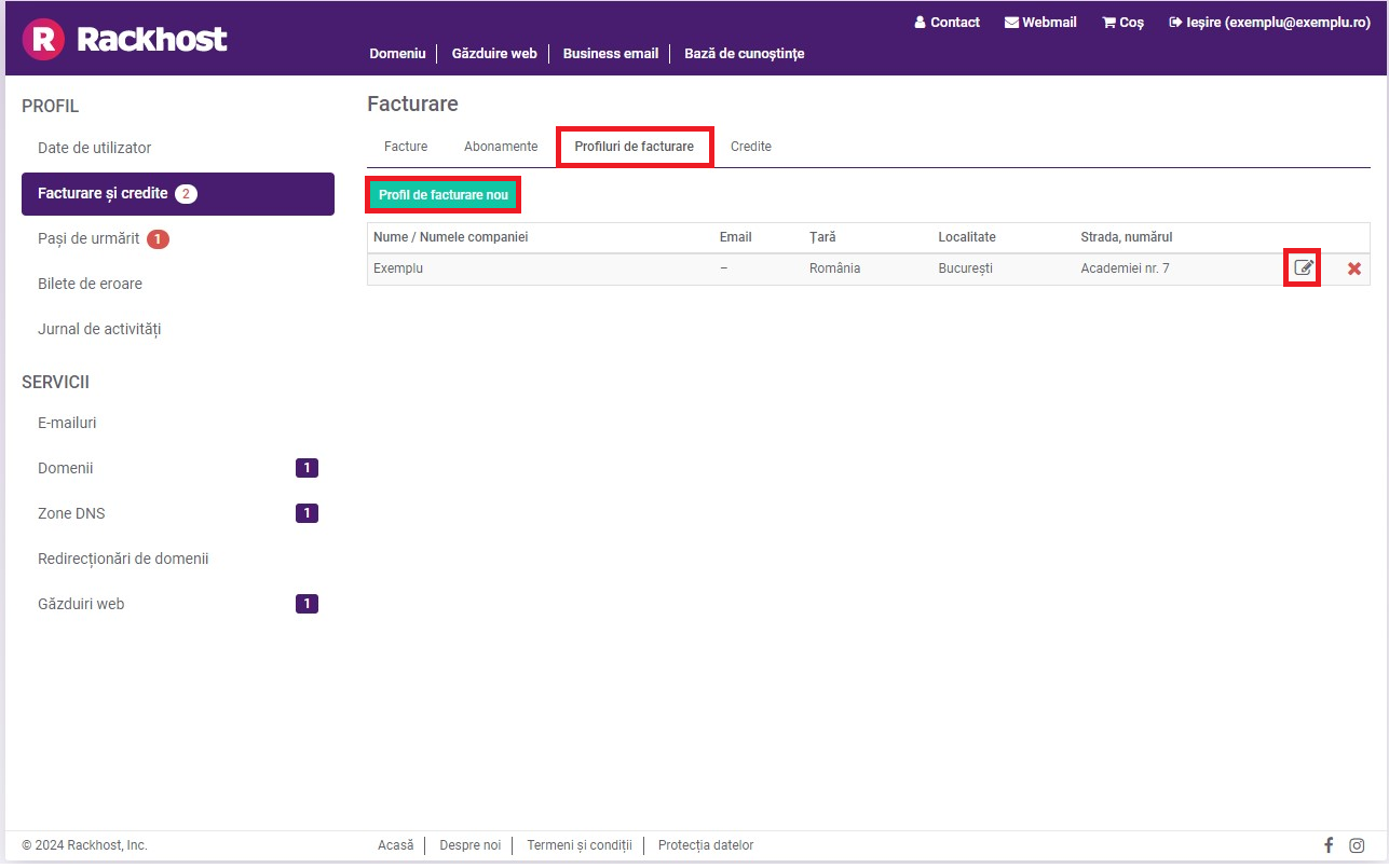 În submeniul ""Profiluri de facturare"", veți vedea un buton verde denumit "Profil de facturare nou". Dacă faceți clic pe acesta, se va deschide o pagină în care puteți crea un nou profil de facturare. De asemenea, tot în submeniul " Profiluri de facturare", la sfârșitul fiecărui profil creat, există o pictogramă de modificare pentru a modifica profilul și o pictogramă "x" pentru a-l șterge.