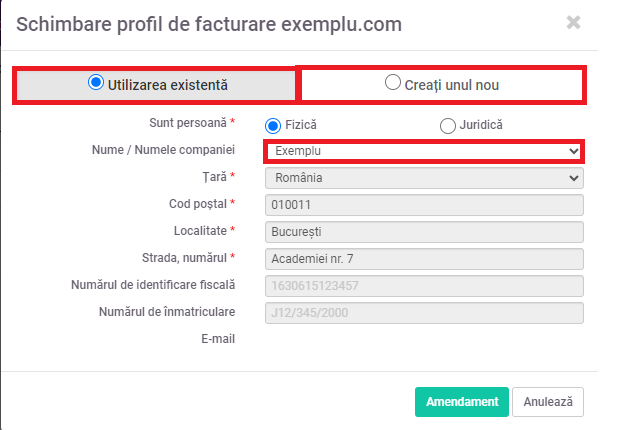 În submeniul "Abonamente", există un buton Modificare în secțiunea Profil de facturare. Dacă faceți clic pe acesta, se va deschide o pagină cu opțiunea "Utilizarea existentă" în colțul din stânga sus, care vă permite să alegeți dintre profilurile de facturare create anterior. În partea dreaptă se află opțiunea "Creați unul nou" care vă permite să creați un profil nou